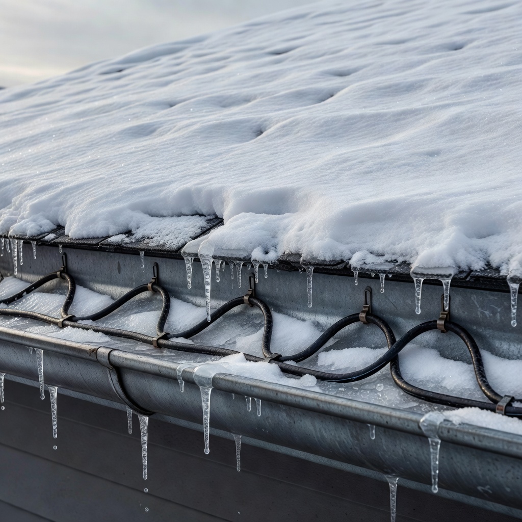 De-icing heating cable installed in roof gutter during winter