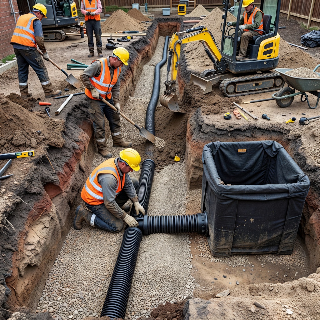 Excavation and installation of underground French drain and soakaway system