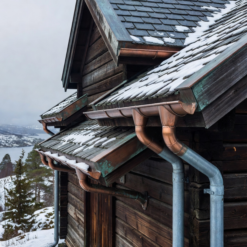 Heritage copper and zinc gutters installed on historic Nordic architecture