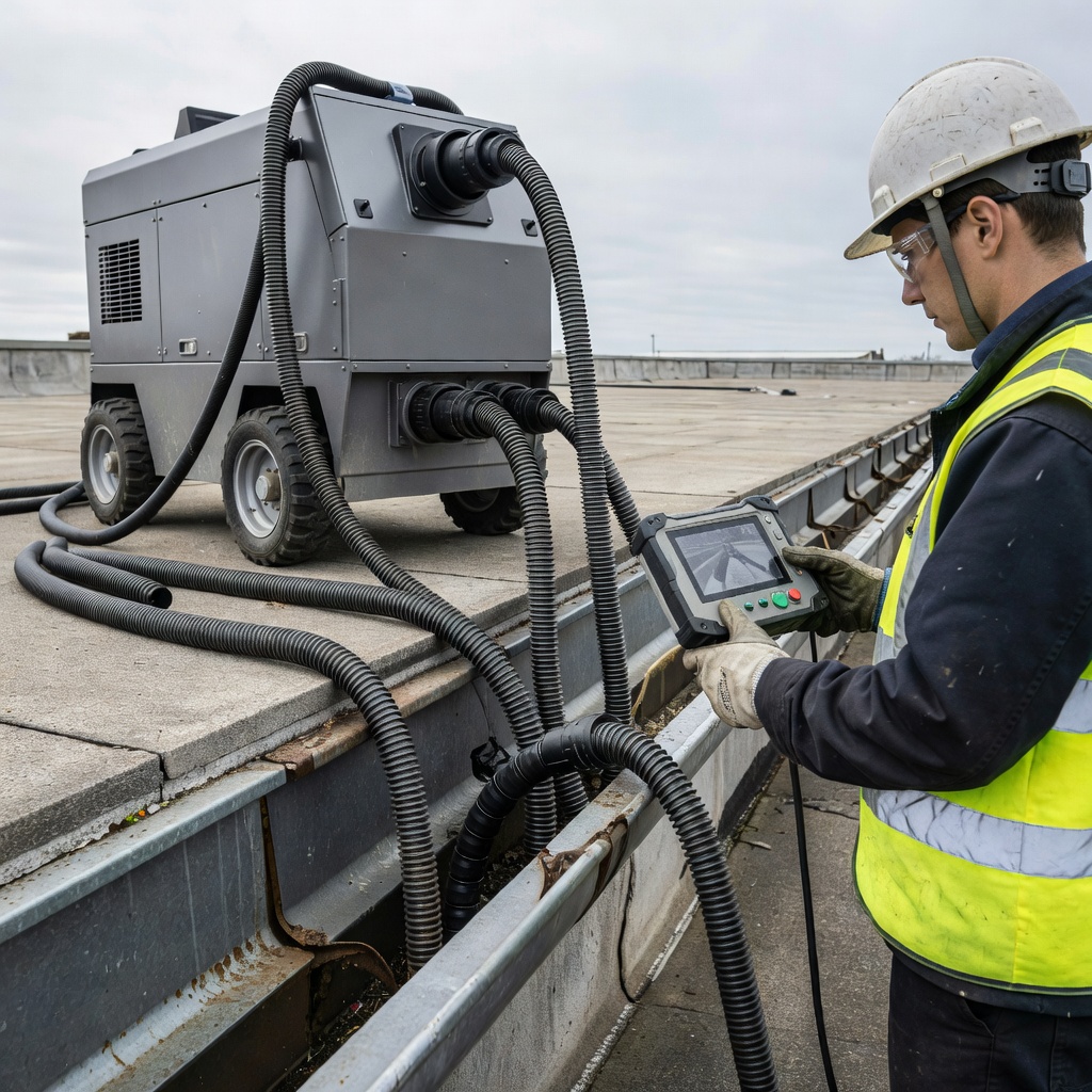 High power industrial gutter vacuum and camera inspection