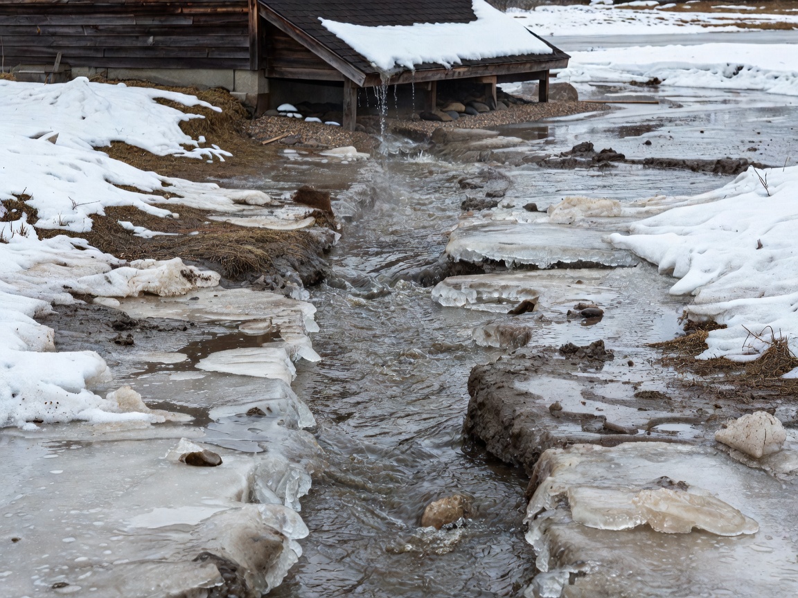 Meltwater drainage channel moving spring thaw water away from house