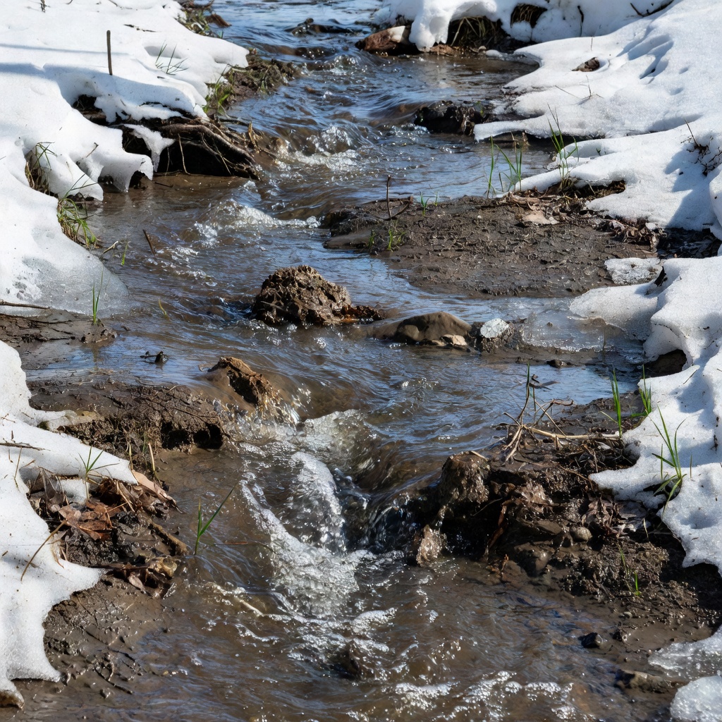 Rain and melting snow rushing into a modern ground drainage channel