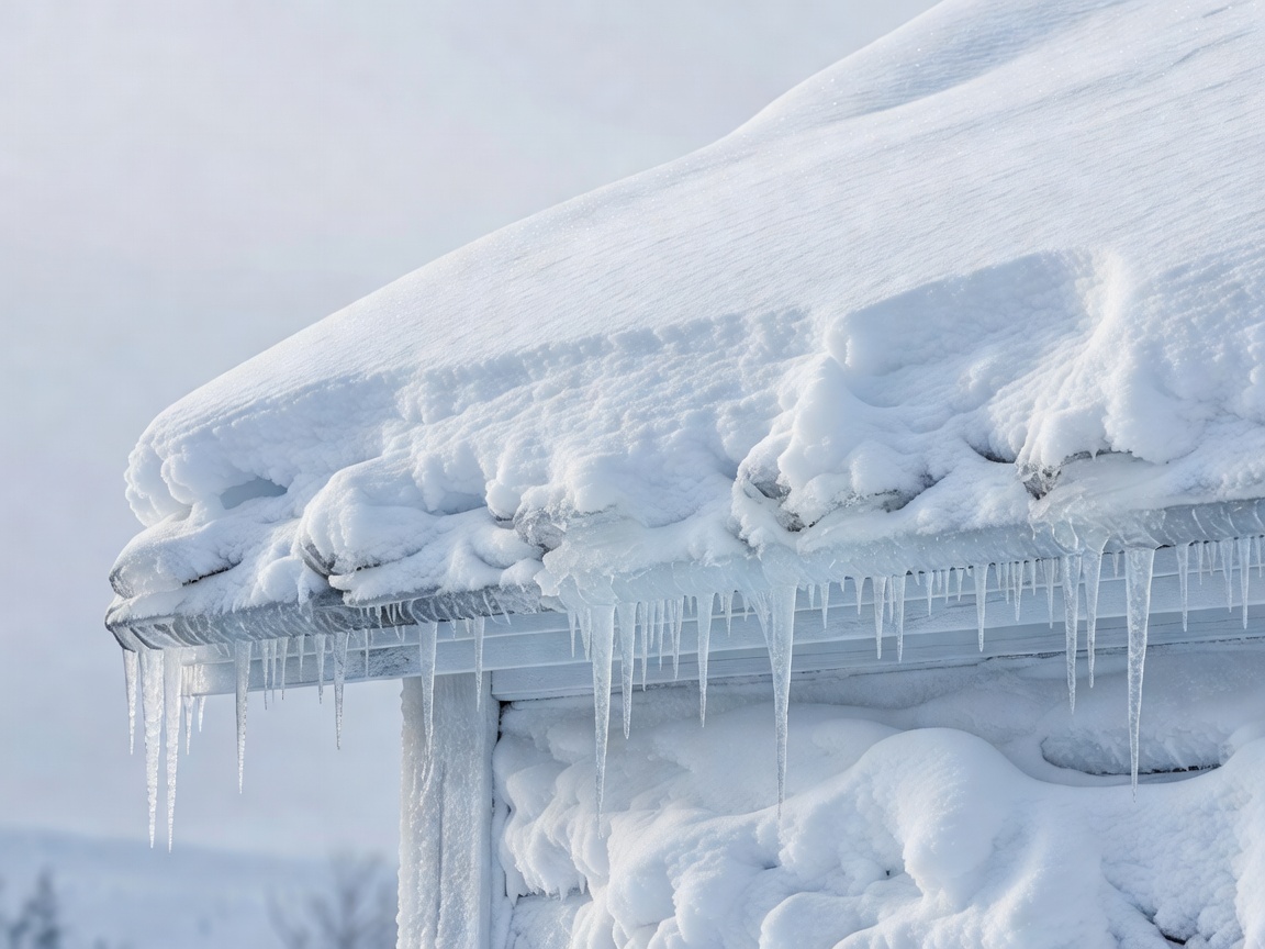 Roof covered in deep Finnish snow and ice dams along cold eave line