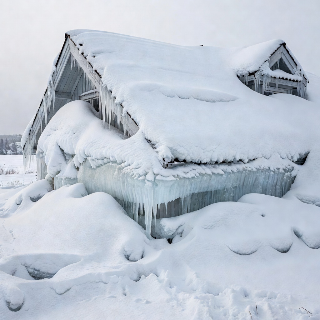 Roof covered in heavy Finnish winter snow and ice dams