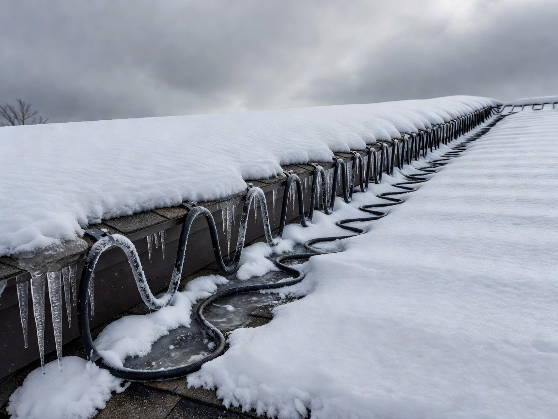 Roof heating cable de-icing system installed along cold eave line