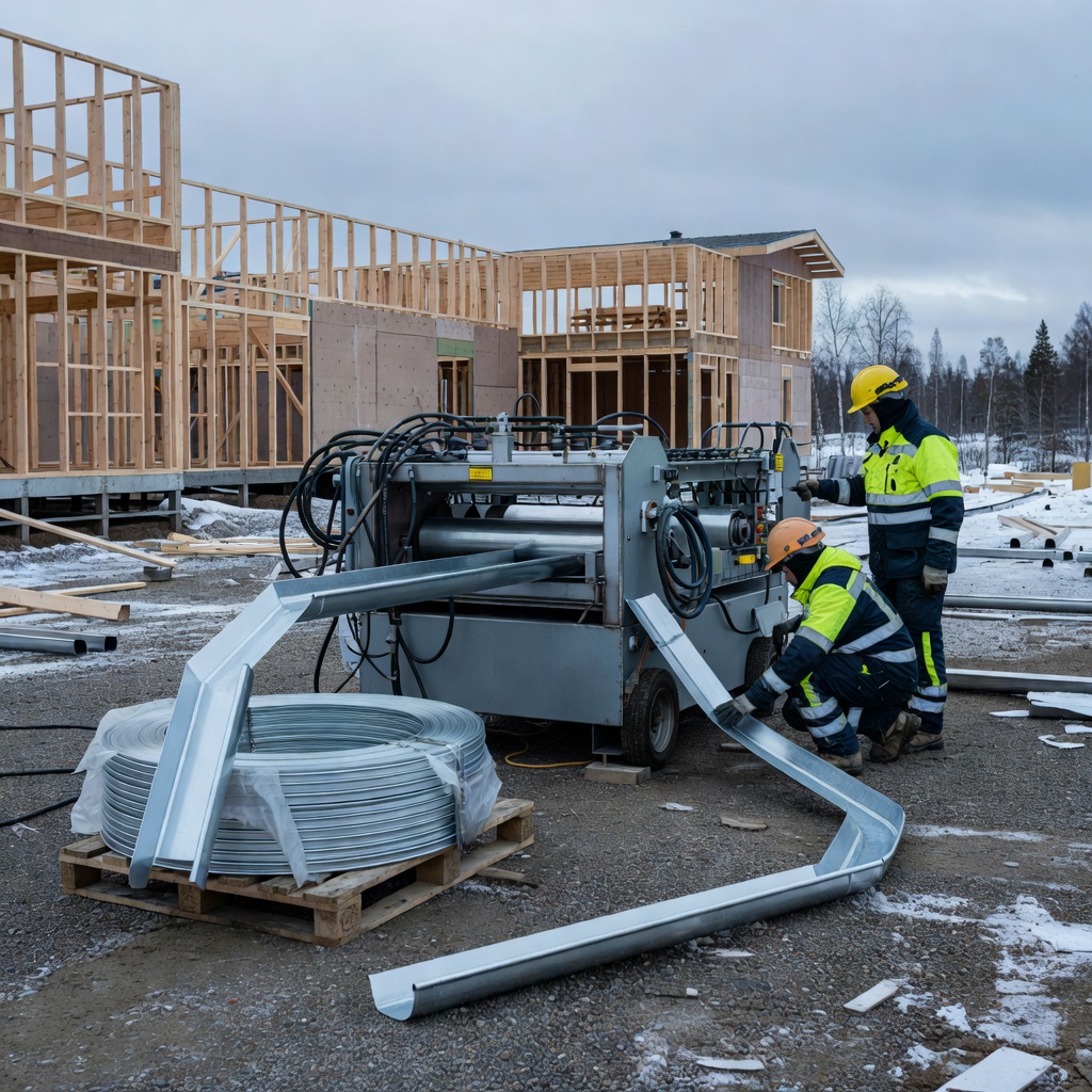 Seamless aluminum gutter roll forming on Finnish building site