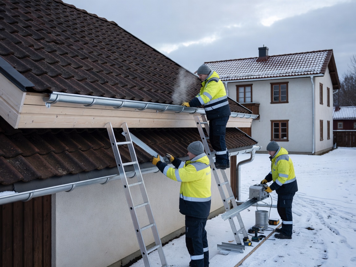 Seamless gutter installation on Finnish roof eaves