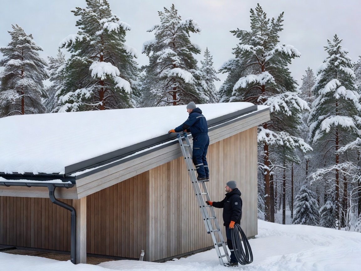 Seamless gutter installation on modern Nordic home with snowy pine backdrop